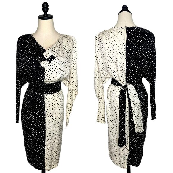 Flora Kung Vintage 80s Polka Dot SILK Dress Long Dolman Sleeve